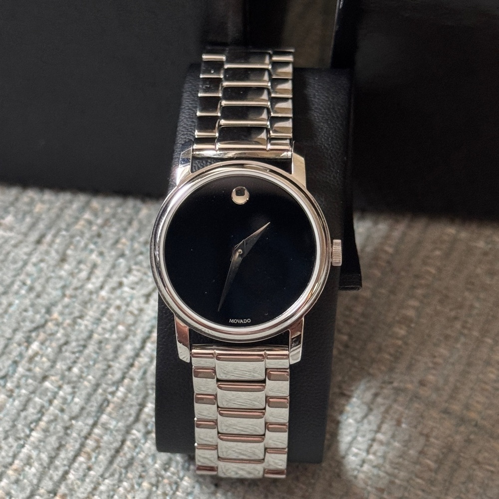 Movado Museum Swiss Made Watch Silver & Black, NWT- Sized but Never Worn